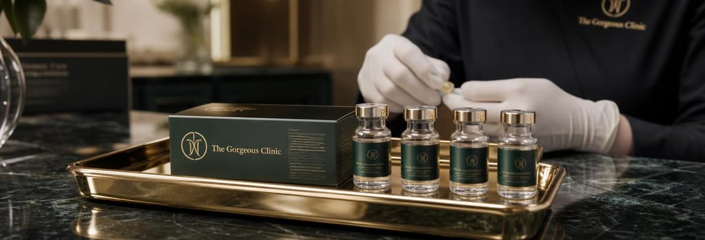 Photorealistic still life of a polished tray with sterile vials and a labelled but unreadable box, medical-aesthetic anchors: glass vials, sterile tray, gloved hands in background, forest green and warm gold tones, soft shallow depth-of-field, editorial clinic detail