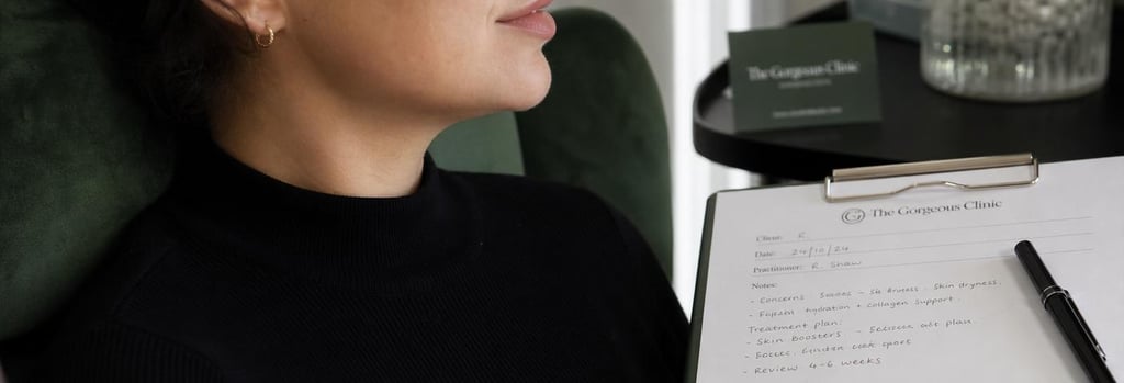 Photorealistic close-up of an anonymous cropped profile and practitioner notes, medical-aesthetic anchors: consultation notes, pen, appointment card with unreadable text, soft clinical lighting, forest green upholstery visible, refined editorial feel