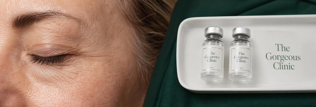 Photorealistic macro image of mature facial skin texture beside a sterile tray with two small glass vials, soft clinical lighting, forest green fabric edge, editorial medical-aesthetic composition.