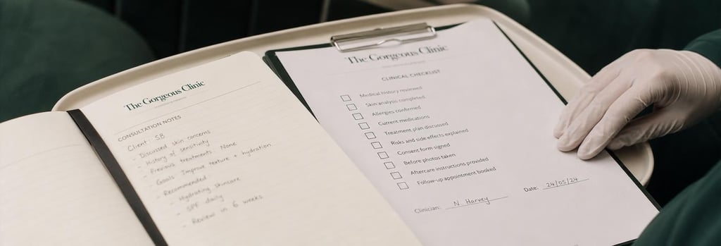 Photorealistic close-up of a consultation notebook and a clinical checklist on a cream tray, a gloved hand resting nearby, forest green upholstery blurred in background, editorial clinical detail.