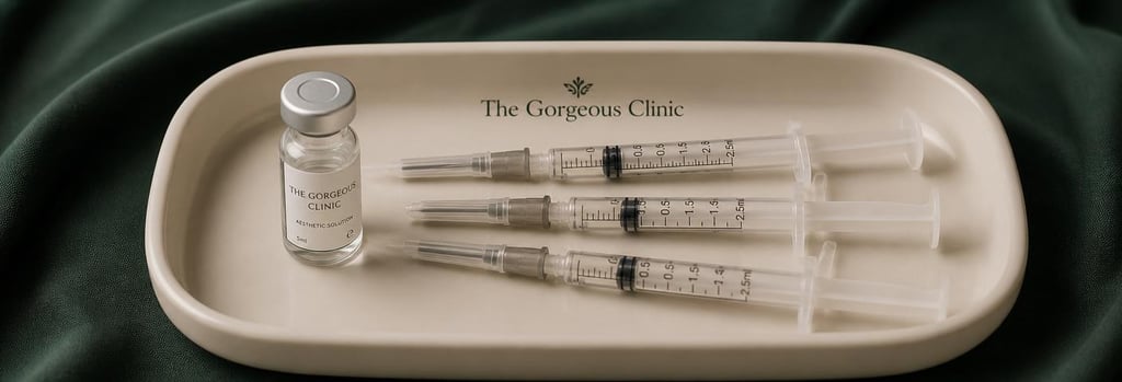 Photorealistic still life of polished syringes on a sterile tray with a small vial, cream ceramic tray, forest green cloth, calm editorial lighting, no graphic procedure depiction.