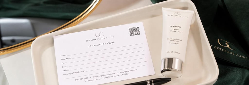 Photorealistic close-up of a consultation card and neutral aftercare cream on a cream tray, a mirror and pen partly visible, forest green fabric detail, editorial medical-aesthetic composition.