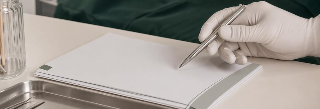 Photorealistic still life of neat medical referral papers on a cream table, pen and gloved hand pointing, sterile tray edge visible, forest green clinical fabric in background, editorial quality, no readable text or logos.