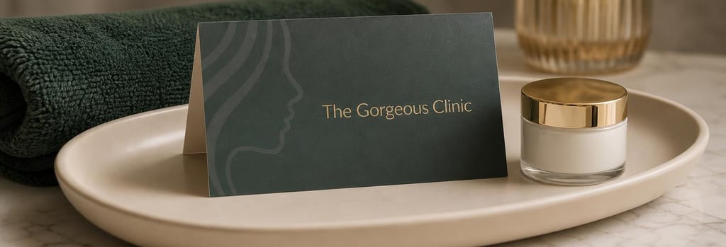 Photorealistic close-up of a folded aftercare card and a small jar of cream on a cream ceramic tray, editorial clinical-luxury styling, forest green towel detail, clear single focal point, no readable text