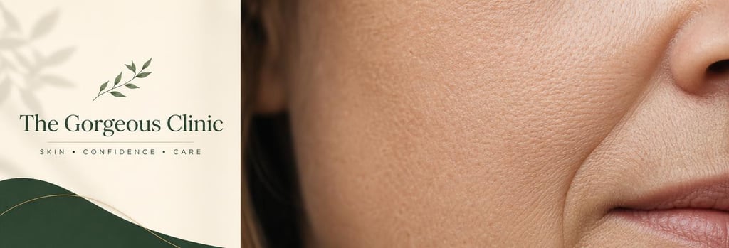 Photorealistic macro image of mature skin texture on a cheek, shallow depth-of-field, editorial clinical-luxury feel, visible pores and fine lines, soft warm cream and forest green accents, no branding
