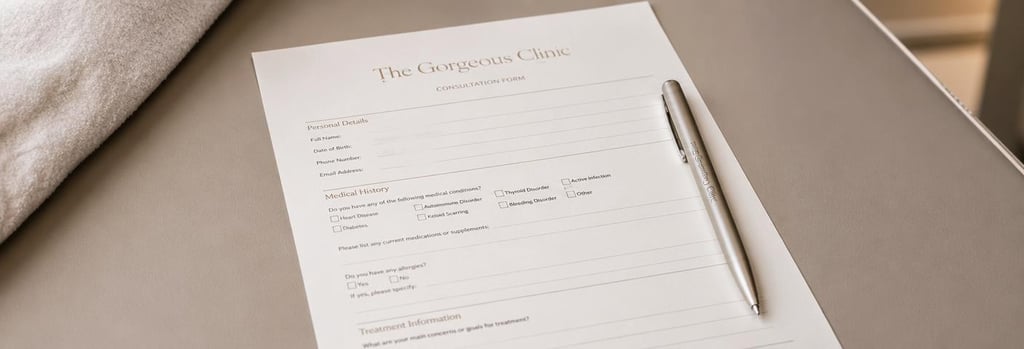 Photorealistic close-up of a consultation form and a pen on a treatment-room surface, minimal composition, warm neutral lighting, medical-luxury editorial feel, no readable patient data