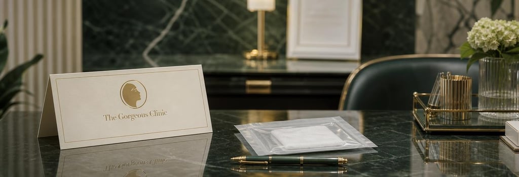 Photorealistic still life of a polished consultation desk with a folded appointment card, a sterile gauze pack and a pen, editorial clinical-luxury feel, forest green and warm gold accents, no branding or readable text