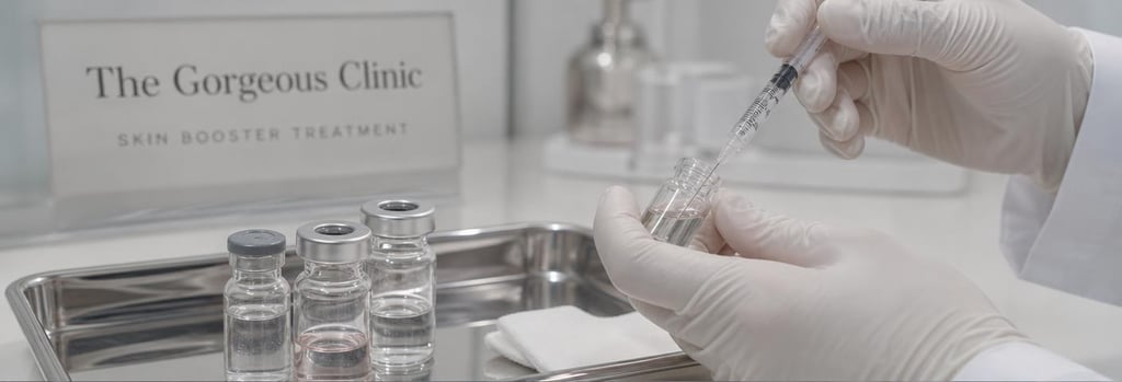 Photorealistic close-up of a sterile tray with glass vials and a small sterile syringe, editorial medical-luxury composition, gloved hands preparing for a skin booster treatment, soft clinical lighting, no branding
