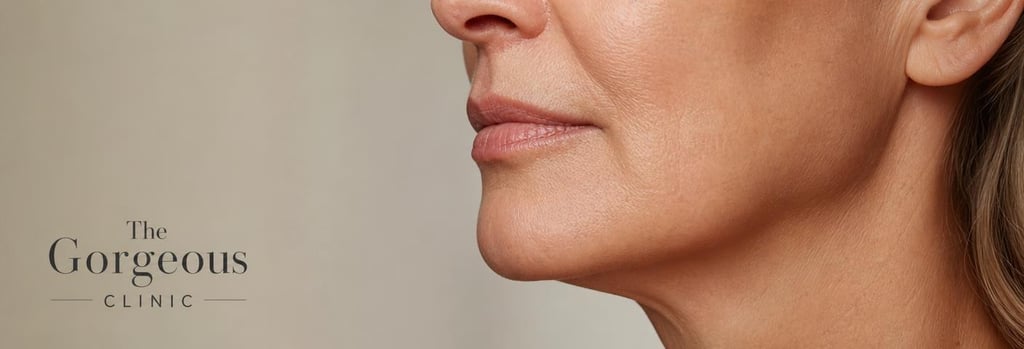 Photorealistic close-up of a neutral half-profile jawline and lower cheek on mature skin, soft warm clinical light, subtle texture detail, editorial medical-aesthetic composition with negative space.