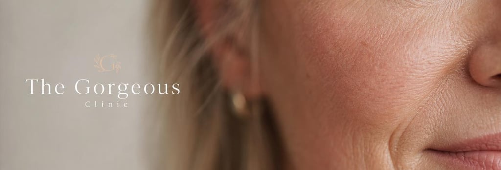 Photorealistic macro image of mature skin texture, soft-focus cheek area showing natural pores and fine lines, elegant clinical lighting, ample negative space, shallow depth-of-field, tasteful editorial medical-aesthetic feel.