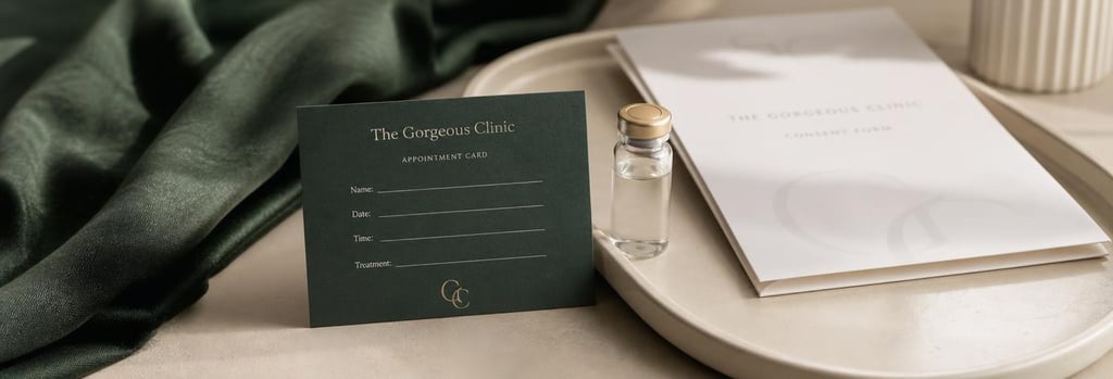 Photorealistic still life of a polished appointment card, soft forest green fabric, folded consent form without readable text, and a small glass vial on a cream tray, editorial clinical-luxury lighting.