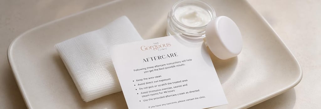 Photorealistic close-up of an anonymous aftercare card, gauze and a small jar of neutral cream on a cream ceramic tray, elegant negative space, soft warm light, medical-aesthetic still life.