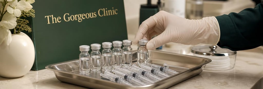 Photorealistic still life of polished syringes and small clear vials on a sterile tray, gloved hand adjusting a vial, cream and forest green colour accents, soft editorial lighting, high-detail clinical instruments without branding.