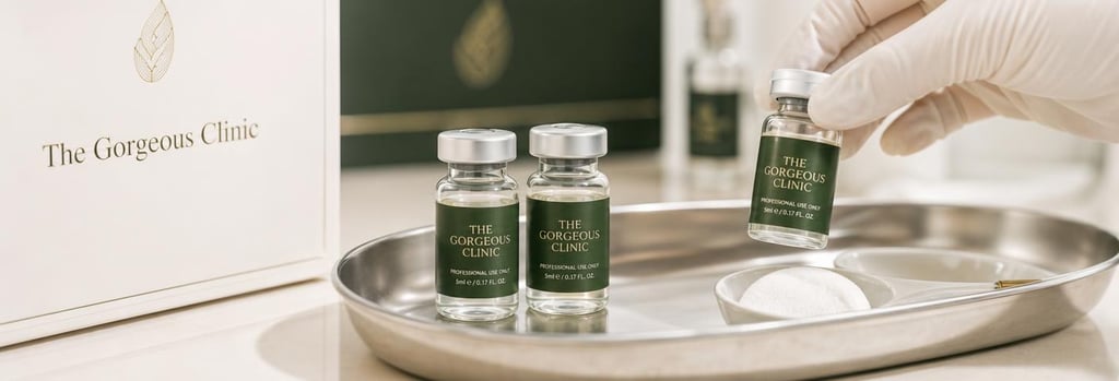 Photorealistic still life of glass vials and gloved hands beside a sterile tray, soft cream and forest green tones, clinical-luxury editorial lighting, clear focal point on labelled vials without readable branding, no people