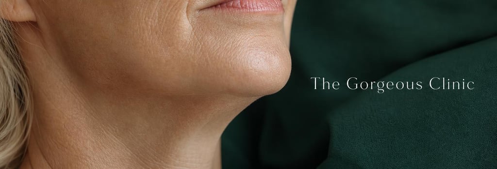 Photorealistic macro image of mature skin and a cropped jawline close-up, soft clinical lighting, focus on texture and natural contours, subtle forest green clinical fabric in background, no full face, editorial medical aesthetics feel, generous negative space