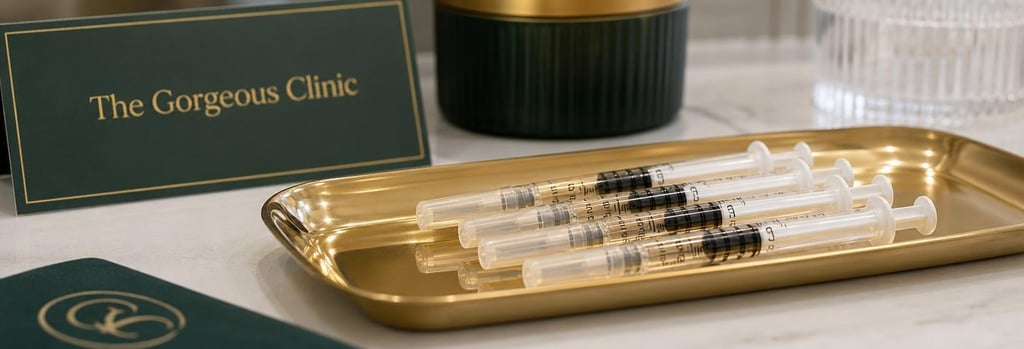 Photorealistic close-up of polished syringes on a sterile tray, shallow depth of field, warm gold and forest green accents, editorial clinical-luxury feel, no needles entering skin, tidy composition with negative space