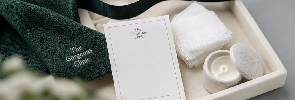 Photorealistic close-up of an aftercare kit on a soft cream tray: gauze, small instruction card with no readable text, gentle cream in a ceramic pot, forest green towel detail, editorial medical-luxury styling