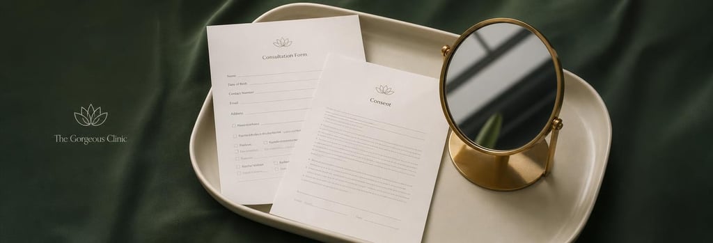 Photorealistic still life of a consultation form, consent paper and a mirror on a cream ceramic tray, forest green cloth in background, editorial clinical-luxury lighting, close unobtrusive composition, no identifiable text