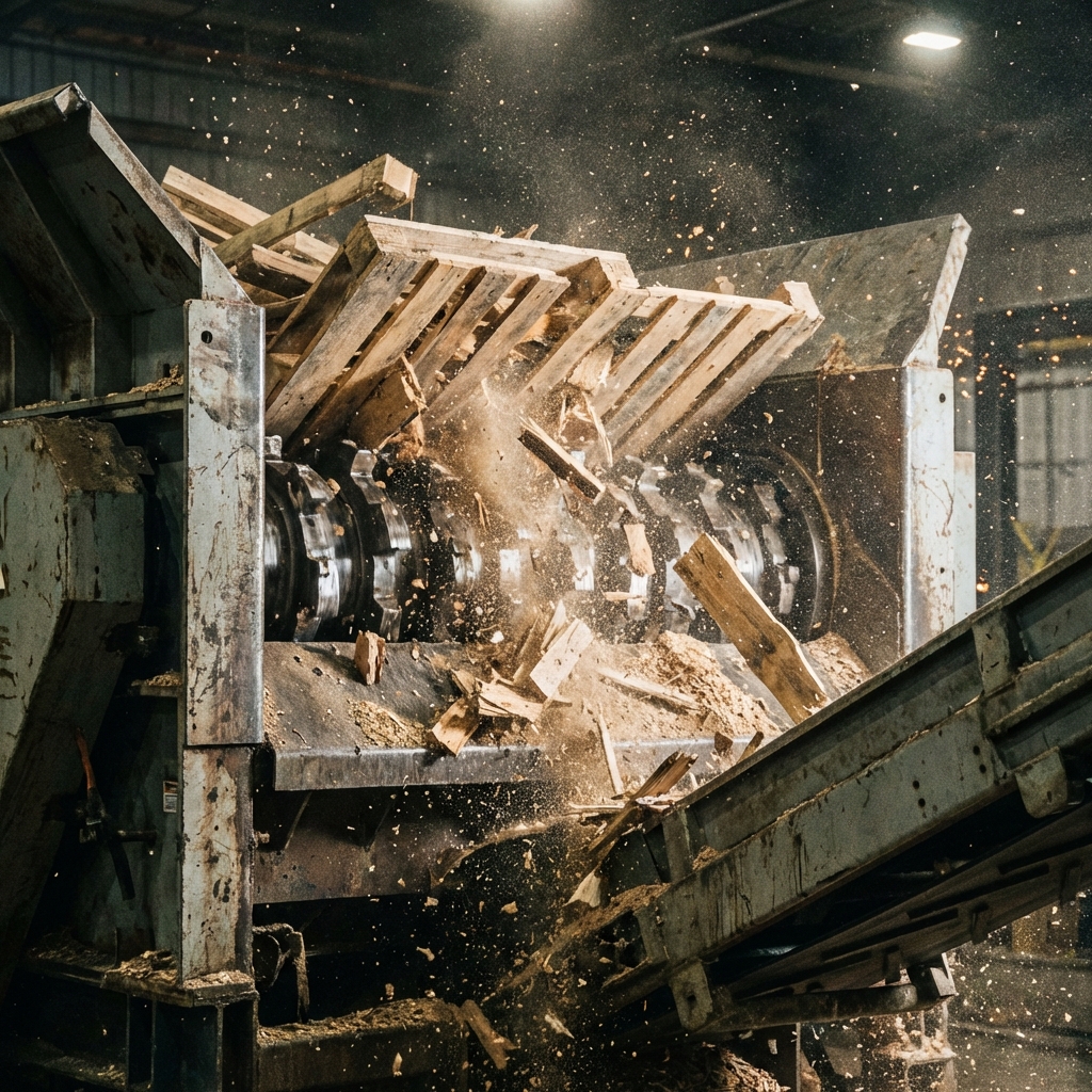 Broyeur industriel transformant des palettes en sciure pour fabrication de pellets