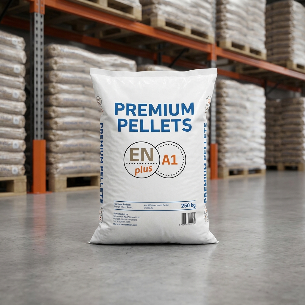 Sac de granulés de bois certifié ENplus A1 dans un entrepôt professionnel