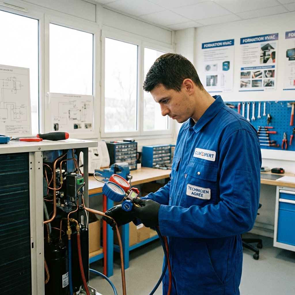 Technicien manipulant un système de climatisation avec fluides frigorigènes