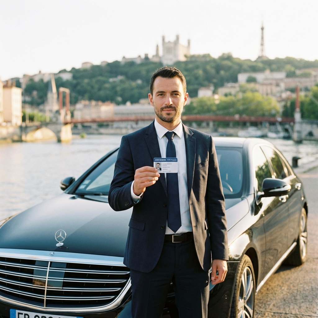 Chauffeur VTC tenant sa carte professionnelle à Lyon